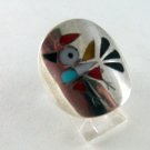 VINTAGE NATIVE AMERICAN ZUNI STERLING SILVER CORAL TURQUOISE MOTHER OF PEARL BIRD RING SZ 8