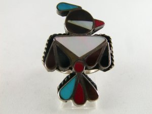 VINTAGE STERLING SILVER NATIVE AMERICAN WOODPECKER BIRD RING SZ 7 CORAL TURQUOISE