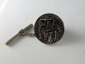 VINTAGE STERLING SILVER JAMES AVERY TIE TAC PIN FARMERS PIONEERS OIL WELL PLANE