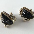 VINTAGE MEXICAN STERLING SILVER BLACK ONYX AZTEC SCREW BACK EARRINGS