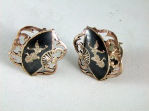 VINTAGE STERLING SILVER NIELLO SIAM CLIP ON EARRINGS