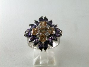 VINTAGE STYLE STERLING SILVER AMYTHEST CZS COCKTAIL RING SZ 7 1/2