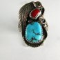 VINTAGE NATIVE AMERICAN SILVER TURQUOISE CORAL SIGNED RING SIZE 10