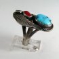 VINTAGE NATIVE AMERICAN SILVER TURQUOISE CORAL SIGNED RING SIZE 10