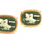 1970's Gold Tone & Green Cameo of 2 Horses Cufflinks