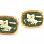 1970's Gold Tone & Green Cameo of 2 Horses Cufflinks