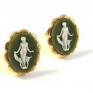 1970's Gold Tone Roman Woman in Green Cufflinks