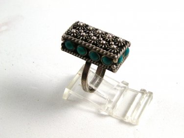 Adjustable Vintage Mexican Silver & Turquoise Ring Size 5 Old Eagle 2 Mark
