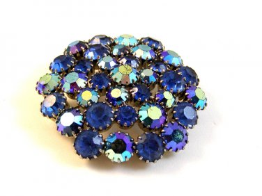 Vintage 1950's Silver Tone & Blue Rhinestone Brooch