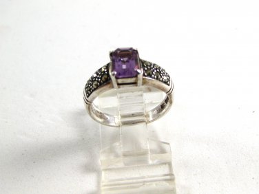Sterling Silver Amythest & Marcasites Ring Size 7 1/4