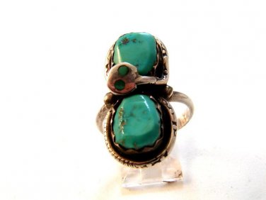 Signed Zuni Silver Turquoise Snake Ring Sz 8 1/2