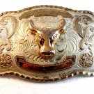 Huge Vintage Silver & Gold Tone Bull Belt Buckle 5 1/2" X 4"