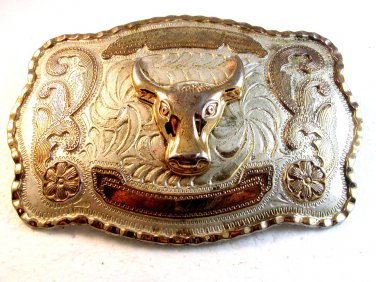 Huge Vintage Silver & Gold Tone Bull Belt Buckle 5 1/2" X 4"