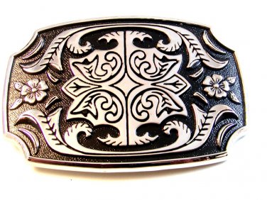 New Old Stock Silver Tone Black Enamel Western Cowboy Belt Buckle