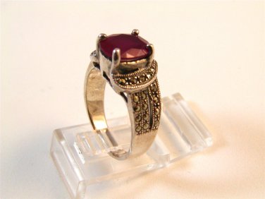 Sterling Silver Red Garnet Crystal Marcasites Heart Ring Size 8 1/2