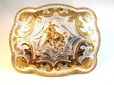 Mexican Alpaca Silver Bull Riding Rodeo Belt Buckle 4 1/4" X 3 1/2"