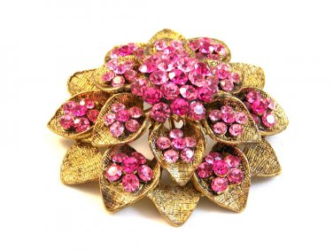 Vintage 1950's Gold Tone & Pink Rhinestone Brooch
