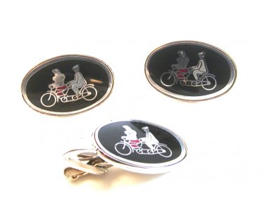 Vintage Silver Tone Bicycle Built for Two Cufflinks & Tie Clasp