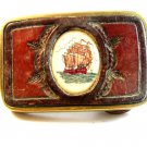 Vintage Schrimshaw Ship & Tooled Leather Brass Belt Buckle U.S.A.