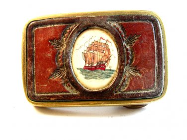 Vintage Schrimshaw Ship & Tooled Leather Brass Belt Buckle U.S.A.