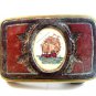 Vintage Schrimshaw Ship & Tooled Leather Brass Belt Buckle U.S.A.