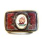 Vintage Schrimshaw Ship & Tooled Leather Brass Belt Buckle U.S.A.