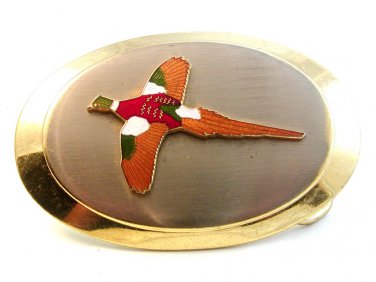 Vintage 2 Tone Silver & Gold Enameled Pheasant Belt Buckle