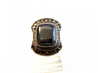 Edwardian / Art Deco Sterling Silver & Hematite & Marcasite Ring Size 6