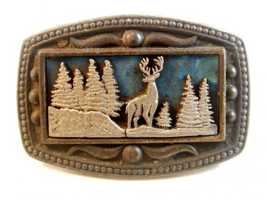Vintage Buck Deer in Woods Belt Buckle Signed CII New York