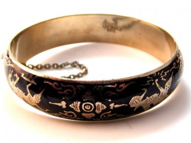 Vintage Siam Sterling Silver Black Niello Dancer Bangle Bracelet