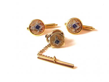 Unsigned Gold & Silver Tone Masonic Cufflinks & Signed Swank Tie Tac