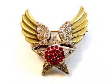 Vintage World War 2 Sterling Silver Gold Vermeil Wings & Star Sweat Heart Brooch