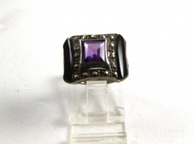 Sterling Silver Amythest Black Onyx Marcasites Ring Size 6