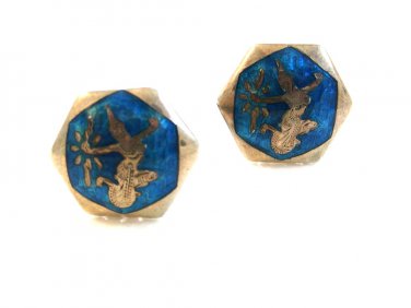 Vintage Siam Sterling Silver Blue Niello Dancer Cufflinks 08092013jj