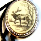 Southwest Silver Tone Moose Scrimshaw Leather Bolo By  L. Layden