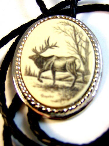 Southwest Silver Tone Moose Scrimshaw Leather Bolo By  L. Layden