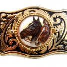 Vintage 2 Harnessed Horses Western Cowboy Belt Buckle