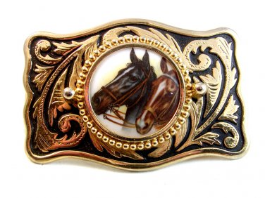 Vintage 2 Harnessed Horses Western Cowboy Belt Buckle