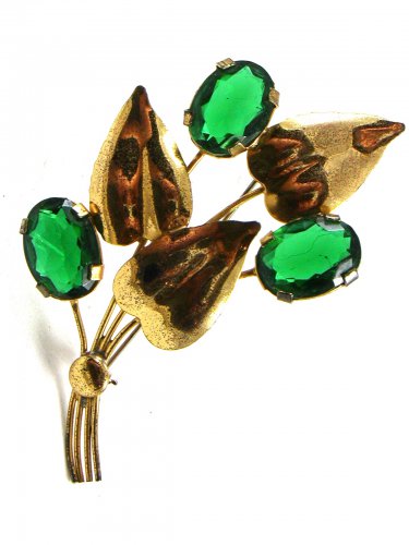 1950's Retro Sterling Silver Gold Vermeil Green Brooch 72214