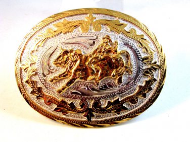 Mexican Alpaca Silver Rodeo Ride 'Em Bull Rider Belt Buckle 4 1/4' X 3"