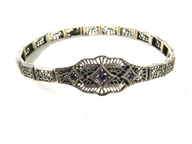 Edwardian / Art Deco Silver & Amythest Filigree Bracelet Unbranded 7715