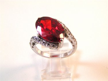 Sterling Silver & Red Garnet & Rhinestones Ring Size 9 1/4