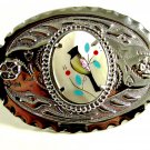 1970's Mother of Pearl Black Onyx Turqouise Coral Inlaid Bird Belt Buckle 112620