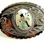 1970's Mother of Pearl Black Onyx Turqouise Coral Inlaid Bird Belt Buckle 112620
