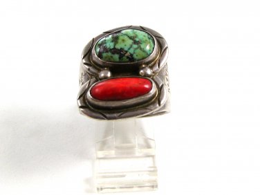Vintage Handmade Southwest Pawn Silver Turquoise & Coral Ring Size 10
