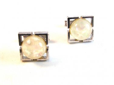 Vintage Silver Tone & White Cufflinks Signed Swank
