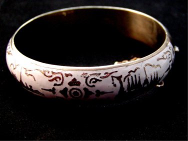 Vintage Siam Sterling White Silver Niello City In Boat Bangle Bracelet