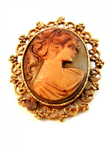 Vintage Hidden Heart Gold Tone Cameo of a Lady Brooch