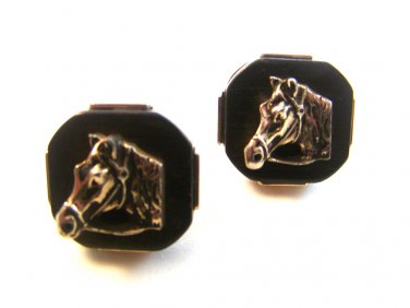 Vintage Silver Tone & Black Horse Head Cufflinks