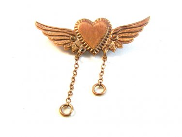 Vintage Gold Tone Heart & Wings Brooch